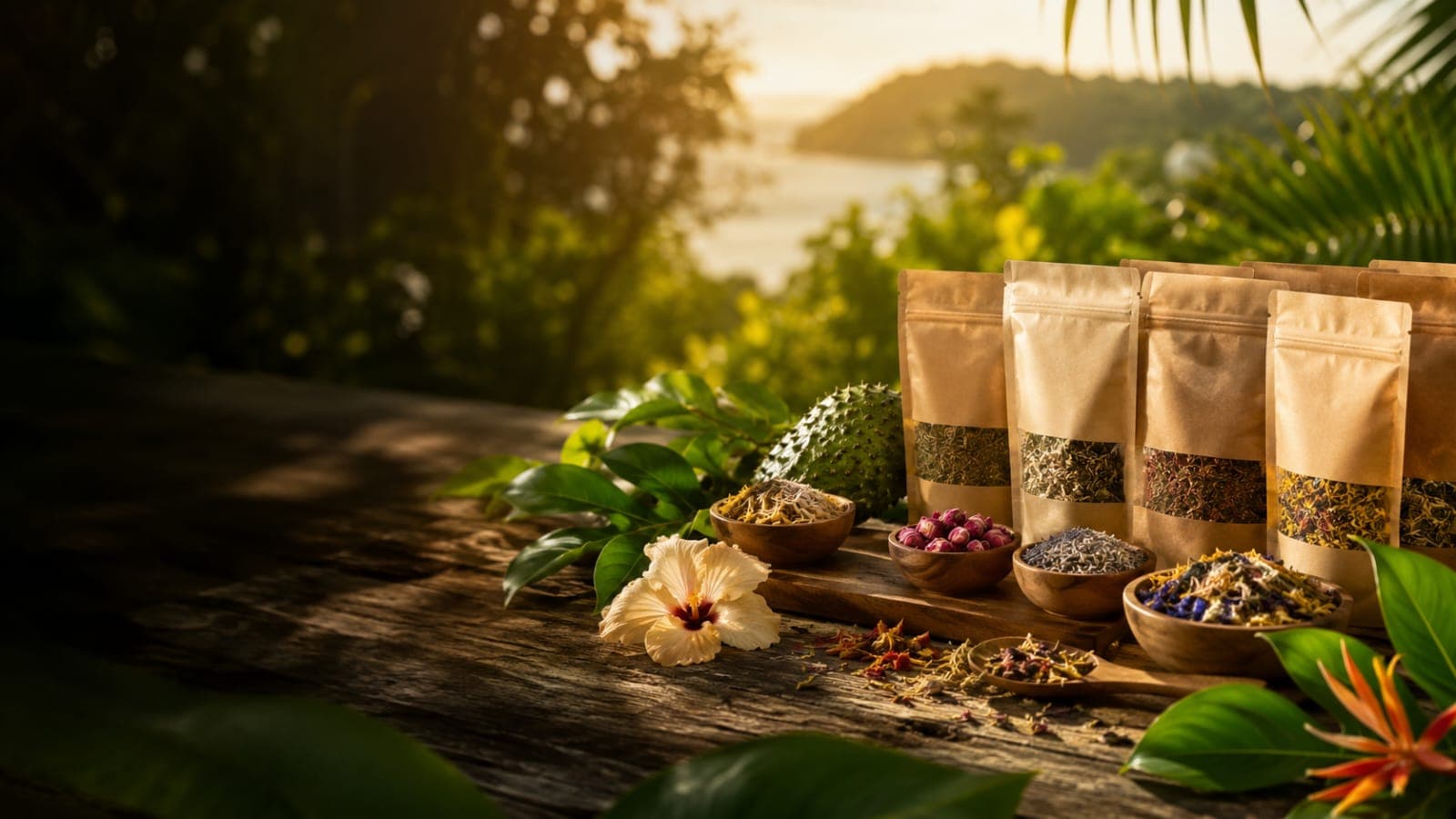 Vital Healing herbal blends on a wooden table overlooking a Caribbean bay at golden hour